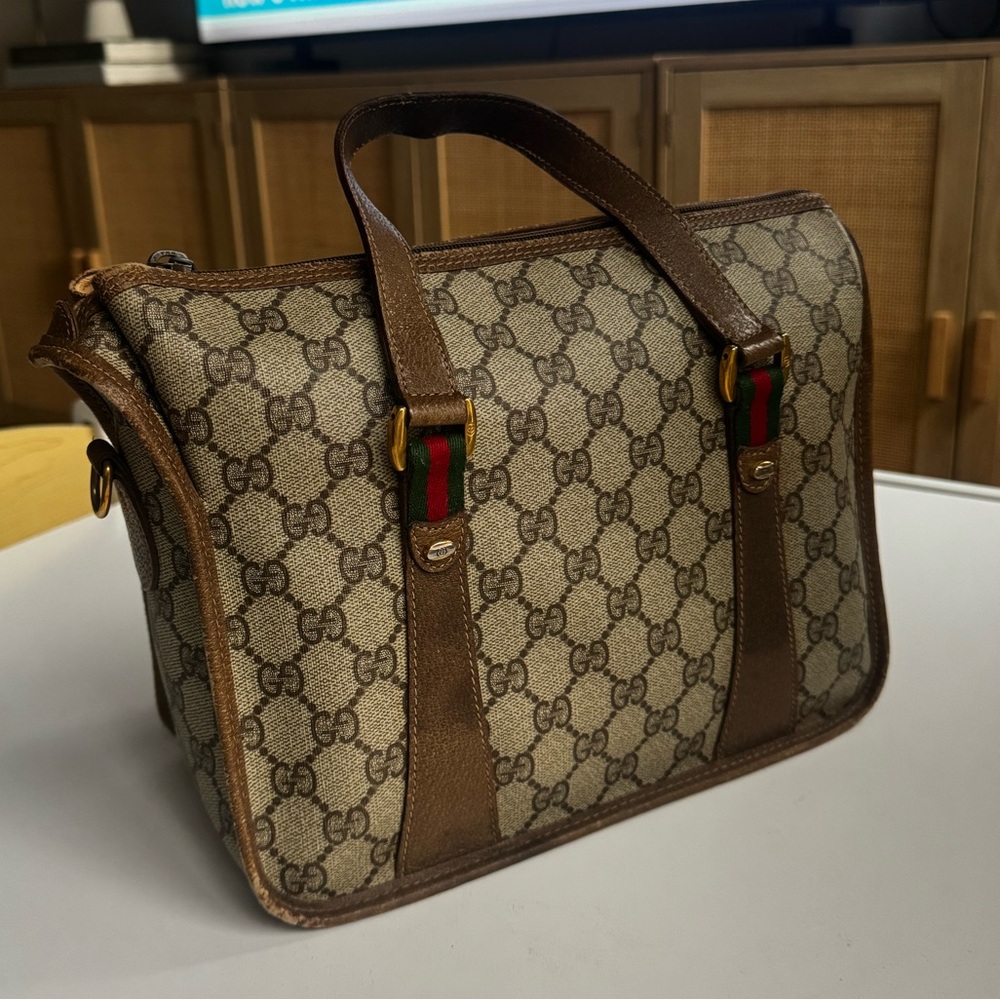 Authentic GUCCI Sherry Line GG Monogram Bag Beige and Brown Monogram Bag - Picture 3 of 15